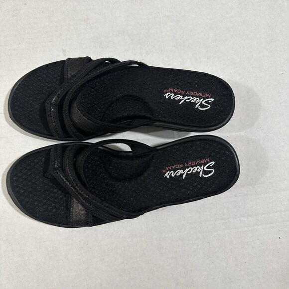Skechers Womens Sz 9 Memory Foam Sandals Black Heel Wedge Slip On Strappy - Picture 9 of 16
